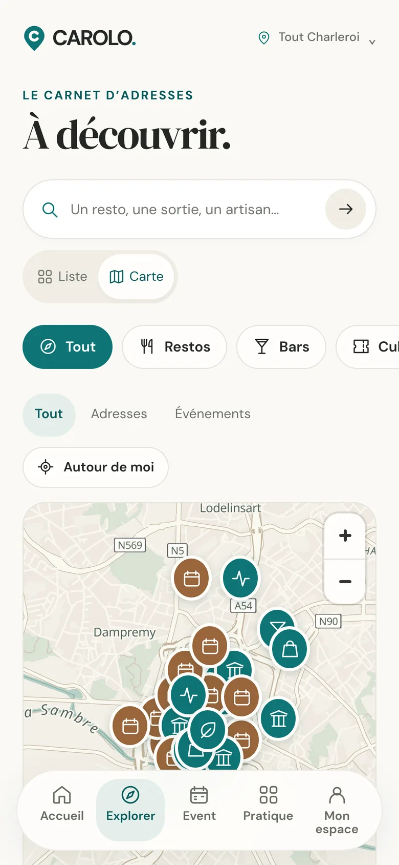 Écran Carte : les lieux de Charleroi sous forme de repères sur un plan.