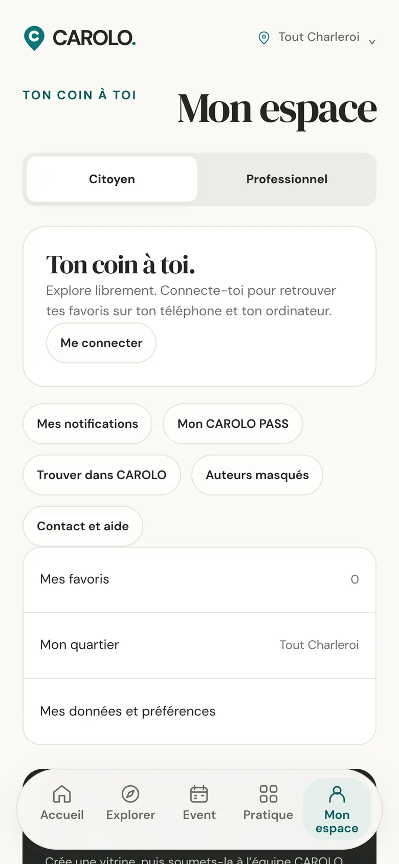 Écran Mon espace : favoris, notifications, CAROLO PASS et quartier.
