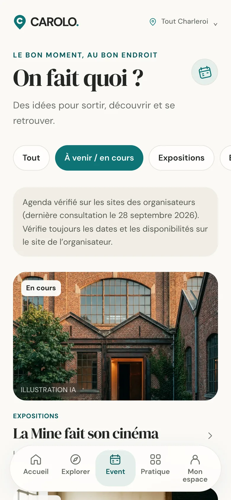 Écran Event : l'agenda avec les expositions en cours.
