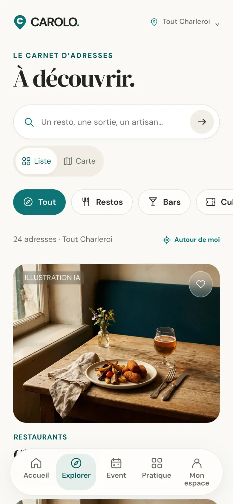 Écran Explorer : recherche, filtres par catégorie et liste des adresses.